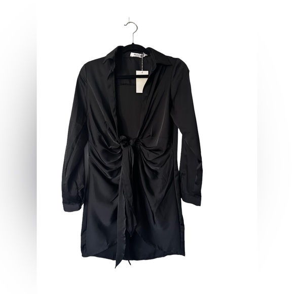 Heiress Beverly Hills Cocktail Black Satin Dress Shirt Mini Dress Long Sleeve S - Picture 4 of 11